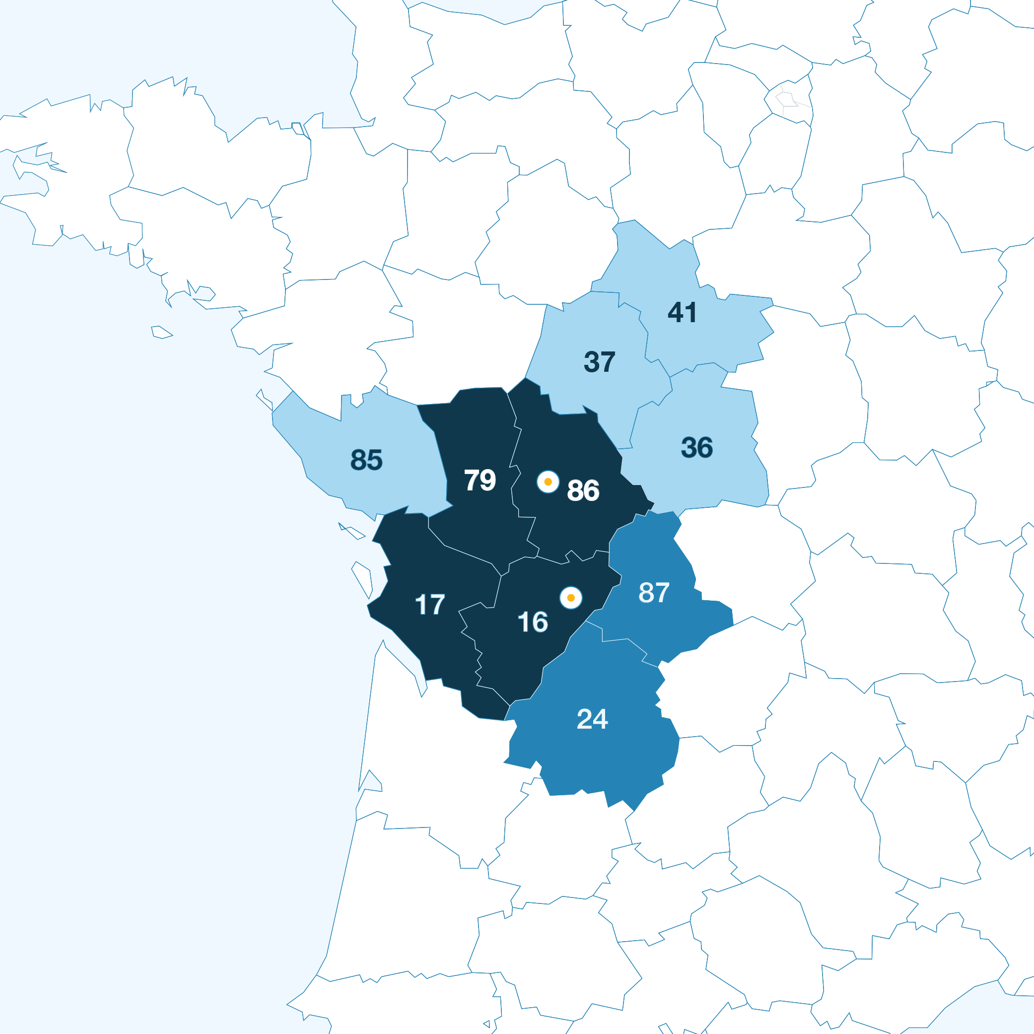 Carte illustrant les départements où Access Dental intervient : 16, 17, 79, 86, 85, 37, 41, 36, 24, 87