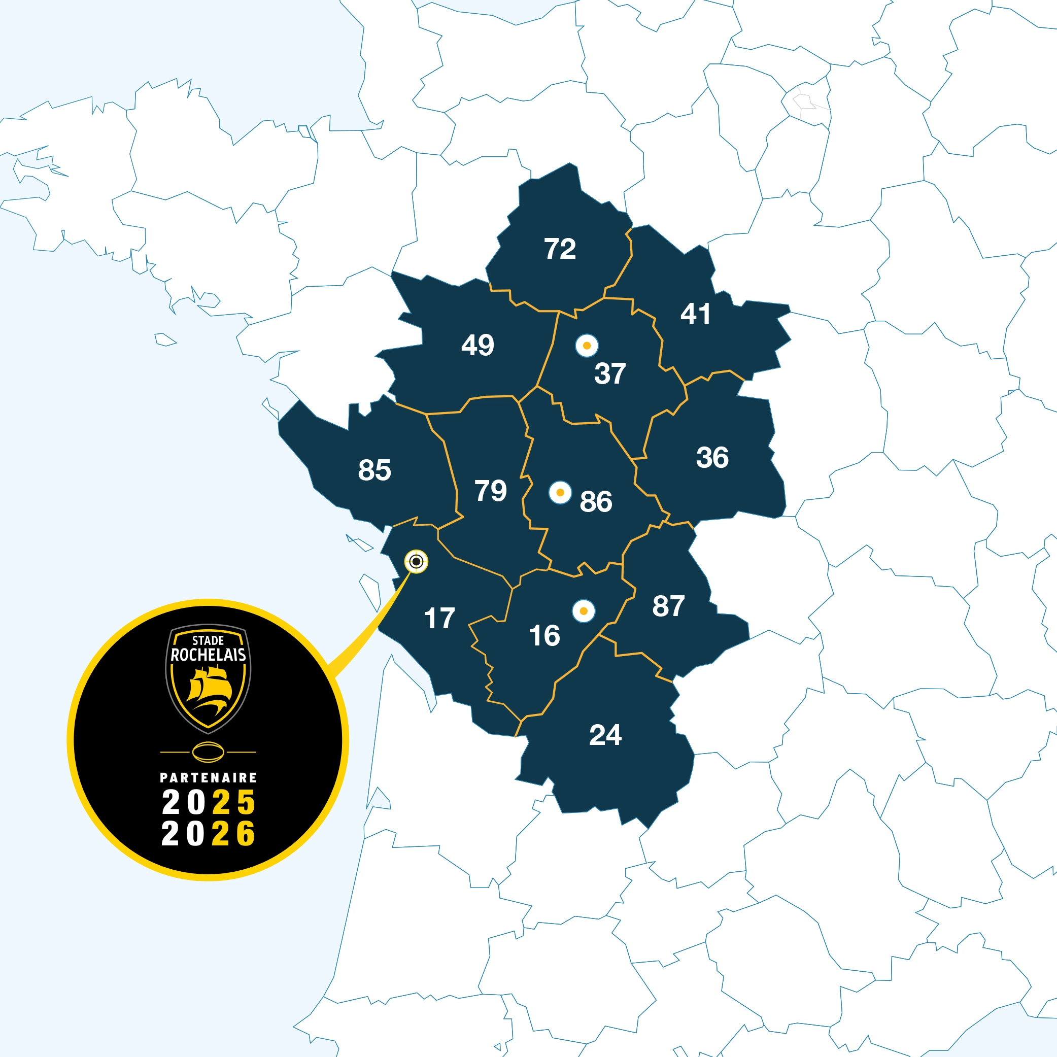 Carte illustrant les départements où Access Dental intervient : 16, 17, 79, 86, 85, 37, 41, 36, 24, 87